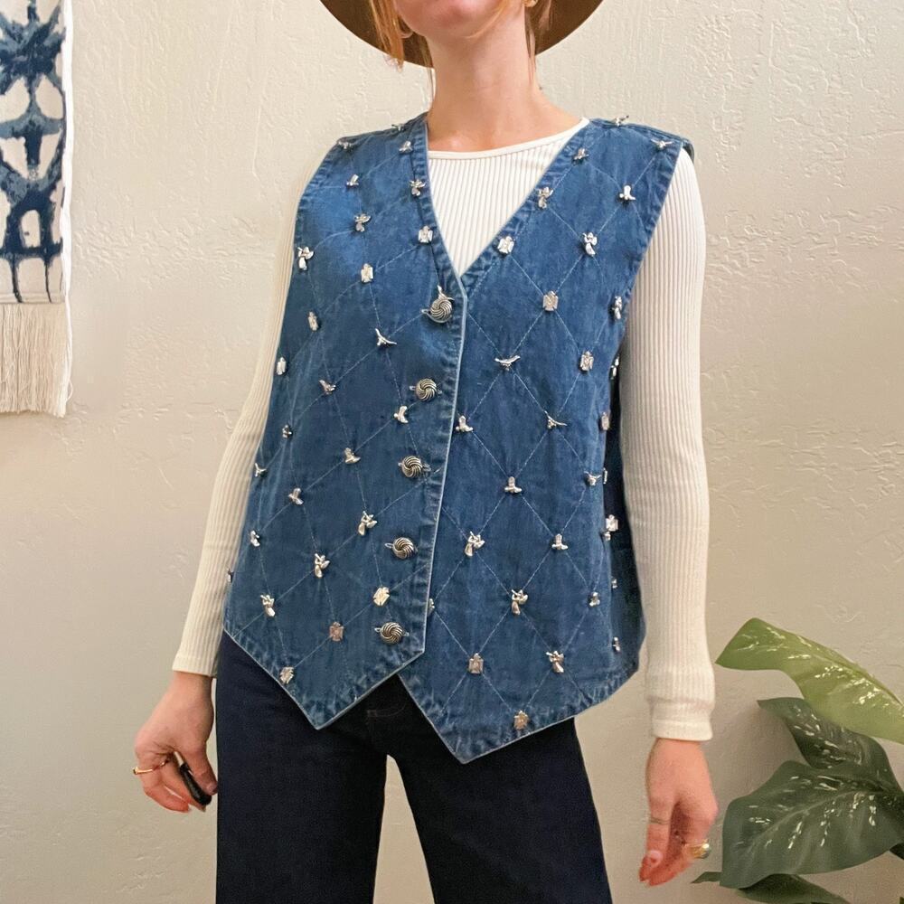 Vintage Denim Western Stud Embellished Button Up Vest